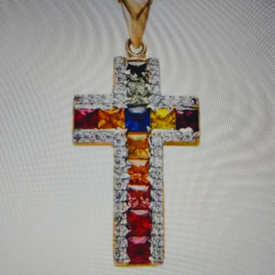 Genuine Multi Colored Sapphire Cross Pendant Necklace